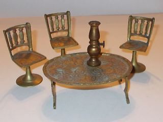 Doll House Brass Patterned Table, 3 Pedestal Chairs, Oil Lamp