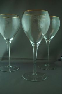 Three (3) Gorham Bellamy Wine Water glasses goblets Gold rim stemware