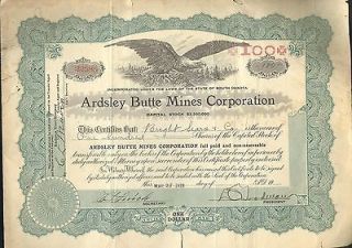 ARDSLEY BUTTE MINES CORPORATION 1928 Stock Certificate for 100 Shares