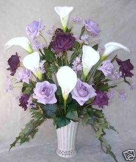 Calla lily & Plum Roses Silk Flower Floral Arrangement / Centerpiece