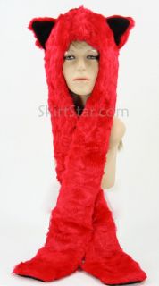 Red Faux Fur HOOD Cat Zippered Pockets long arms Rave Hat Snowboard