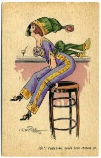Post Card Cute Risque Girl On Bar Stool French