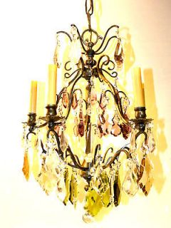 Antique French 19C Bronze Multicolored Hand Cut Crystal Chandelier