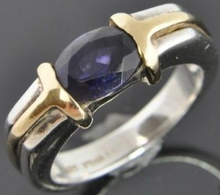 Tone Sterling Silver 14K Gold Water Sapphire Solitaire Stack Band Ring