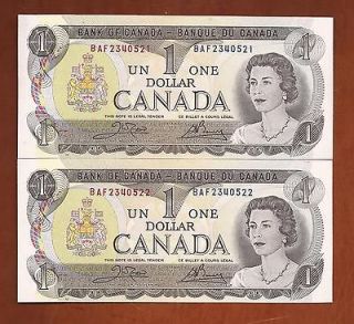 Bank of CANADA consecutive 1973 issue ONE DOLLAR notes bills crisp