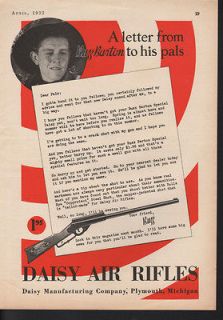 1933 DAISY AIR RIFLE BB GUN BUZZ BARTON SPORT PLYMOUTH SHOOT BOY