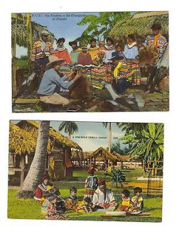 LOT Native Indian SEMINOLE Fur Trading & Family Group Linen Postcards