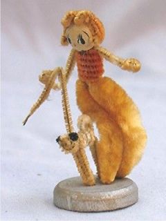 Vintage Chenille Pipe Cleaner Figurine     Girl Walking a Dog
