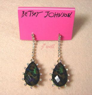 Betsey Johnson Black Leopard Waterdrop w/Crystal Stud Earrings *Gift