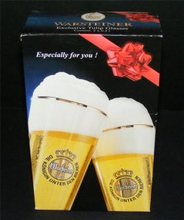 Warsteiner Brewery 2 Beer Tulip Glasses .3 l Crystal/Gold Rim Germany