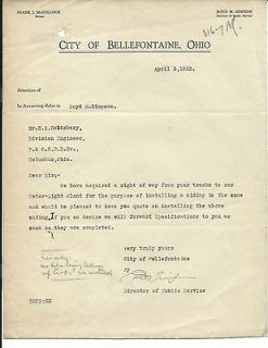1923 CITY OF BELLEFONTAINE OHIO LETTERHEAD MCCOLLOCH MAYOR