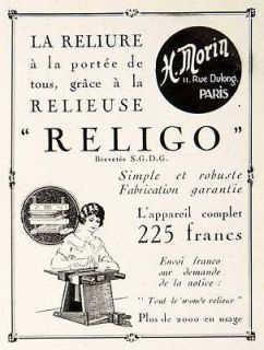 1926 Ad Bookbinding Press H Morin Machine Religo 11 Rue Dulong Paris