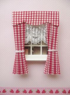 MINIATURE DOLL HOUSE CURTAINS WITH PELMET AND LACE BLIND RED GINGHAM