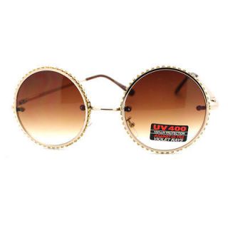Rhinestone Studded Gold Frame Perfect Circle Lens Celebrity Sunglasses