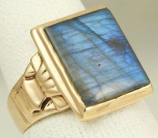 Art Deco Iridescent Natural Labradorite 10k Solid Gold Mens Ring
