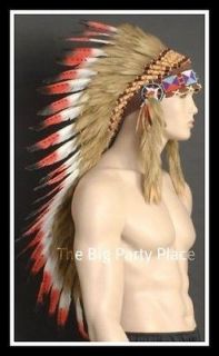 INDIAN CHIEF HEADDRESS RED WHITE FEATHERS DELUXE 80cm UNISEX
