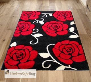Black Red White Flower Designer Large & Medium Roses Pattern Home Rug