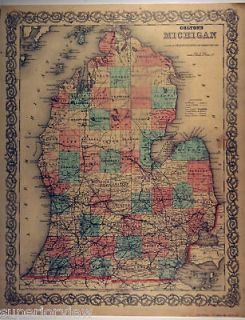 1872 Map Michigan Lower Peninsula Lake Michigan Huron GREAT