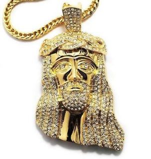 ICED OUT GOLD FINISH CZ JESUS PIECE PENDANT & 36 FRANCO CHAIN