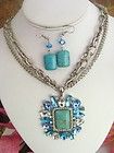 TURQUOISE, BLUE & CLEAR RHINESTONE CRYSTAL MULTISTRAND CHAIN NECKLACE