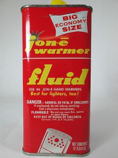 Vintage Jon E Warmer fluid empty 12 ounce metal handwarmer, lighter