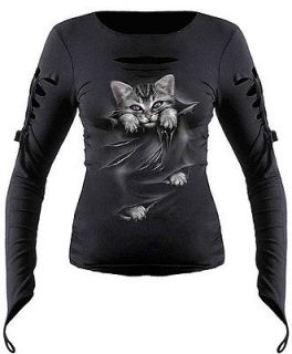 Spiral Direct Bright Eyes Black Cat Kitten Long Slash Sleeved Tshirt