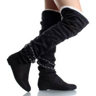 Black Suede Faux Shearling Slouch Chain Womens Flat Thigh High Boots