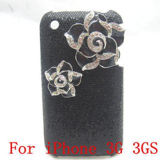 Bling blingy BLACK Double flower bow cover case for iPhone 3G 3GS