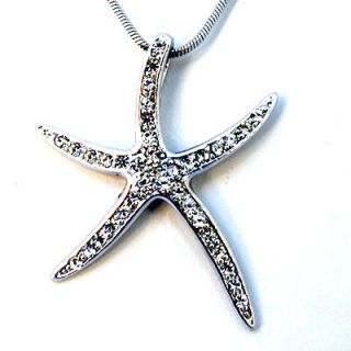 Medium Nautical Starfish Charm Silver Plated Cubic Zirconia Necklace