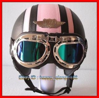Leather Covered Half Open Face Moto Black # Pink Stripe Helmet & UV