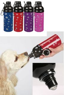 Steel Travel Water Bottle dispenser DOG Pet DISH w/ Carabiner