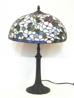 Large Stained Glass Table Lamp   Antique Dogwood Shade w Metal Base