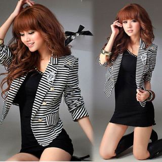 Womens Double Breasted Stripes Lapel Casual Suits Blazer Jacket