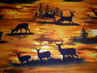 Studio Fabric Sunset Sunrise Golden Sky Deer Silouettes Doe & Buck