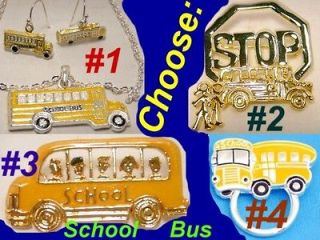 SCHOOL BUS DRIVER Pin Brooch Neck Earring Yellow Women Children Kids
