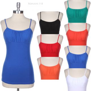 Built In Shelf Bra Solid Ruched Front Spaghetti Strap Cotton Camisole