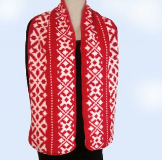 Red & White Nordic Snowflakes Long Fleece Scarf Womens Shawl
