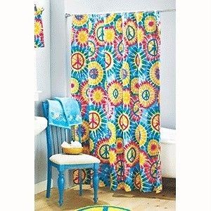 RETRO TIE DYE with PEACE SIGNS FABRIC SHOWER CURTAIN