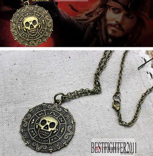 Vintage Bronze Pirates Of The Caribbean Skull Gold Coin Necklace *9rr