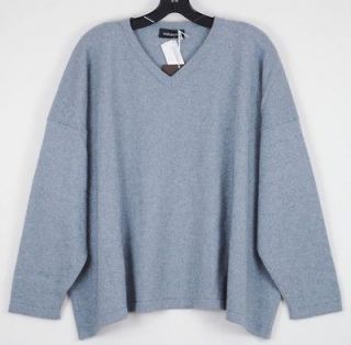 Eskandar Air Force Blue Cotton Cashmere Silk V Neck Pullover Sweater