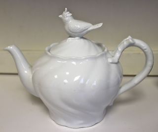 refections tea pot cottage shabby chic white bird cardinal#4547