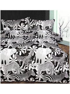 Retro Jungle Black Quilt Doona Cover Set Bedding Queen Elephant Zebra