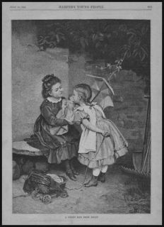 Girl Kissing Doll, Doll Carriage, Antique Engraving, Original 1882