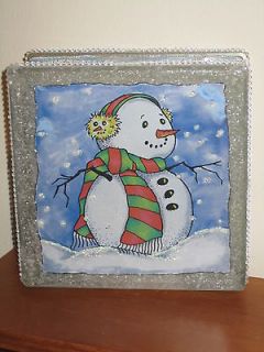 Winter Season Snowman & Snow Family Glass Block Decorative/Acc ent