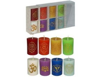 Ohm & Chakra Symbol Spiritual CANDLES  Box of 8 Engraved with Gold