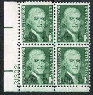 US 1278 Mint Never Hinged 1 Cent Thomas Jefferson Plate Block of 4