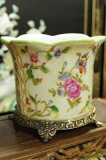Oriental Chinese Crackled Porcelain Planter Orchid Pot Antiqued Brass