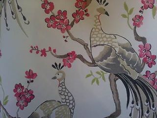 Designer Painted Birds WALLPAPER . PEACOCKS Flowers & Oriental Blossom