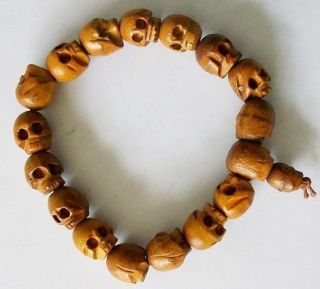 Brown Wood Skull Beads Stretch Bracelet Wristband