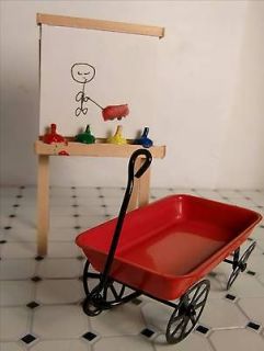 Dollhouse Furniture Nursery Toy Red Wagon and a Childs Easel